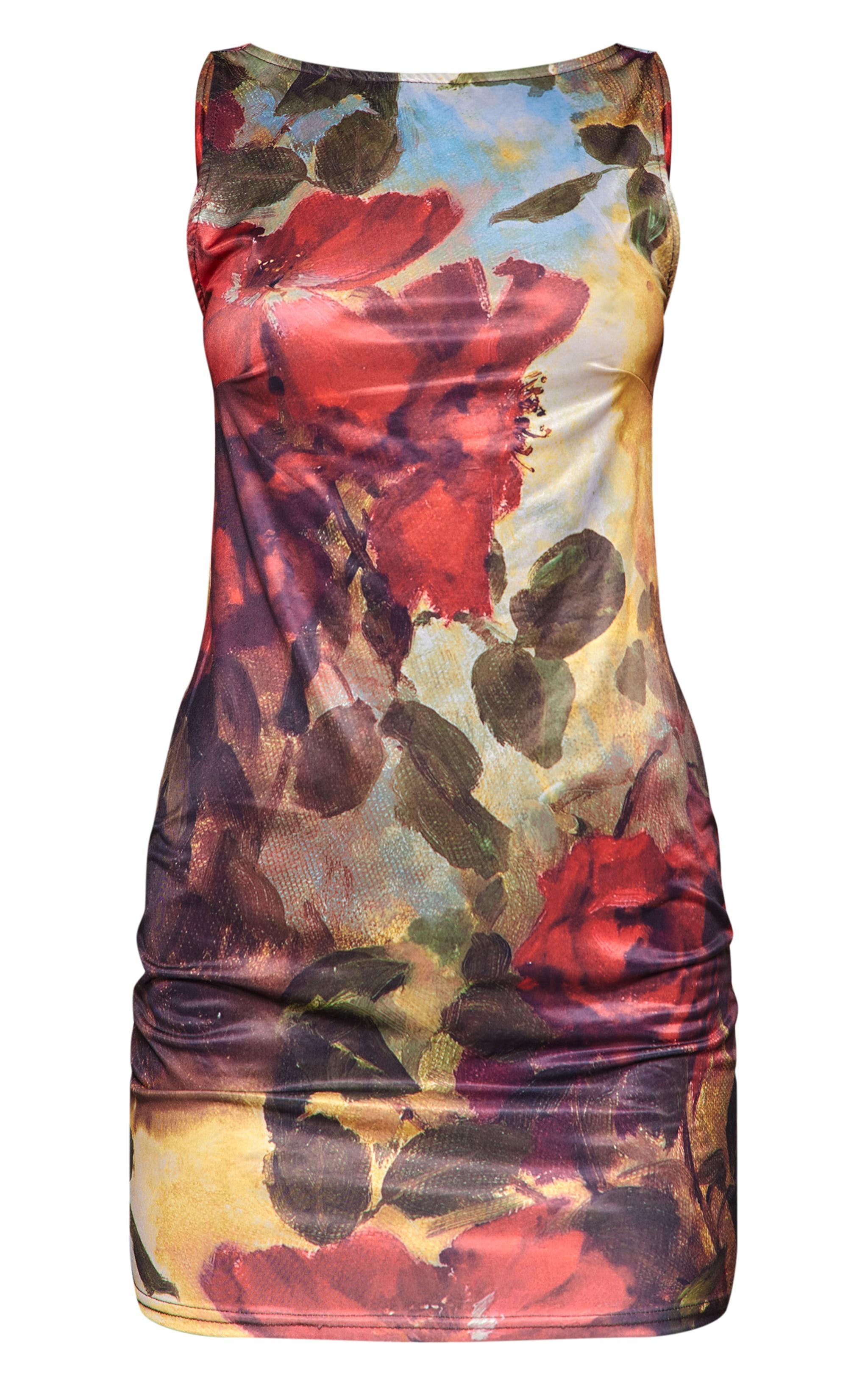 Dark Red Floral Print Racer Neck Cowl Back Mini Dress Product Image