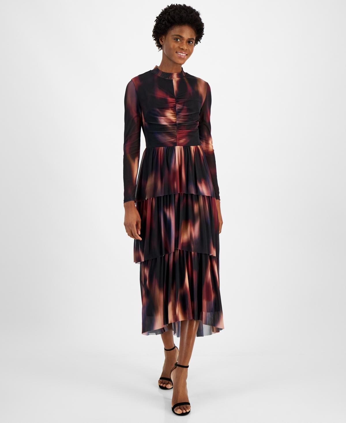 Anne Klein Womens Printed Mock Neck Tiered Midi Dress Product Image