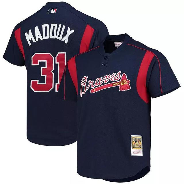 Mens Mitchell & Ness Greg Maddux Atlanta Braves Cooperstown Collection Mesh Batting Practice Button-Up Jersey Blue Product Image