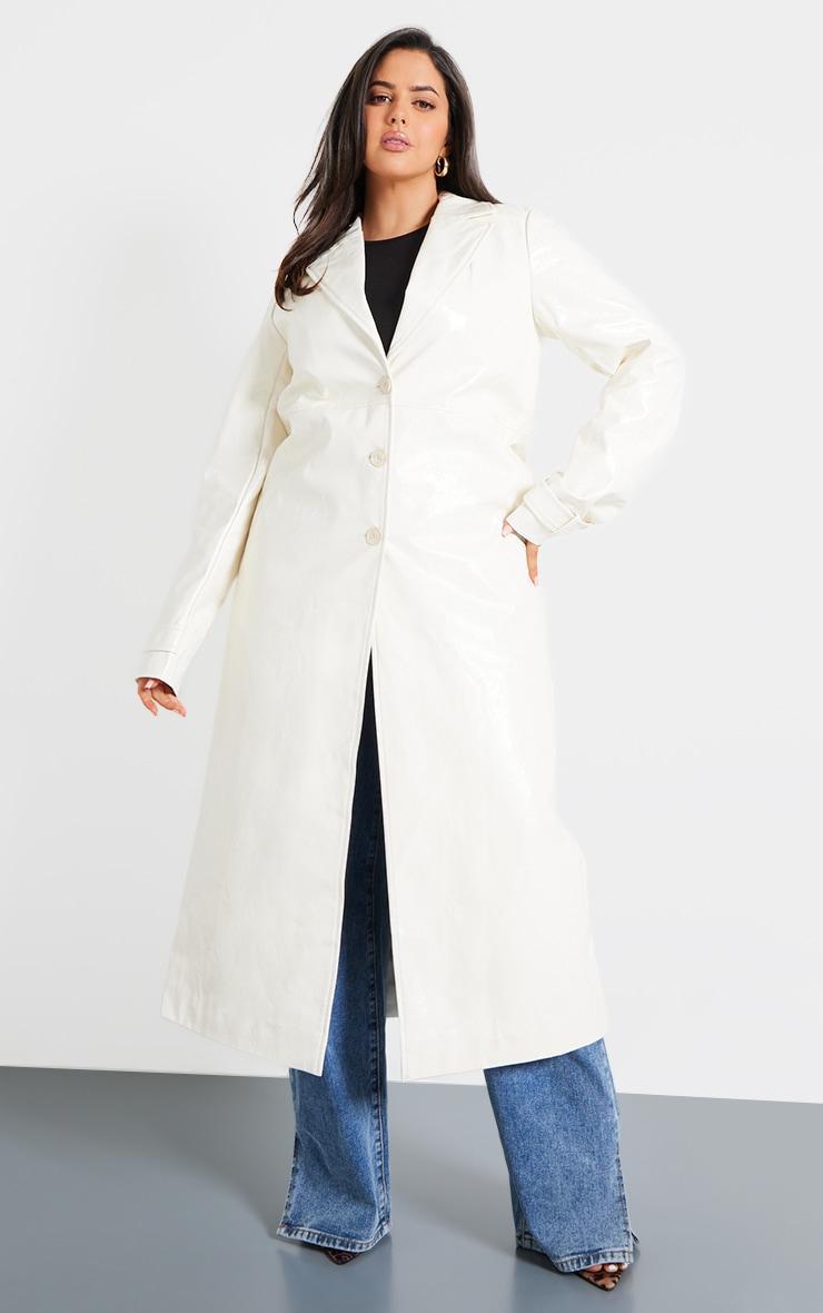 Plus Cream High Shine Textured Faux Leather Maxi Coat Product Image