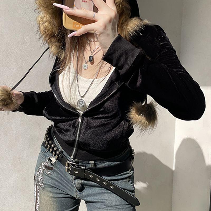 Long Sleeve Furry-Trim Velvet Zip-Up Hooded Jacket Product Image