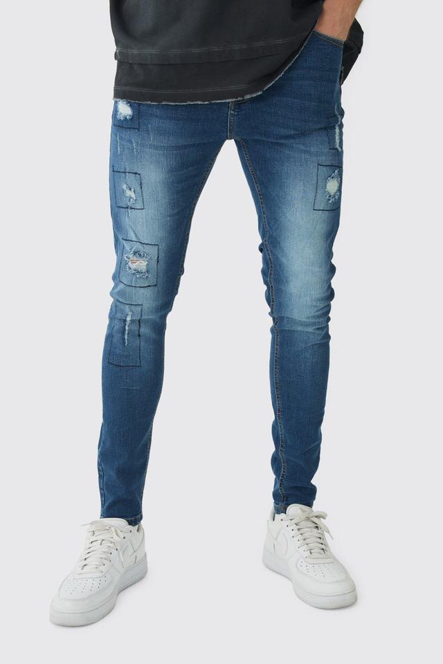 Skinny Stretch Rip & Repair Patchwork Jeans | boohooMAN USA Product Image