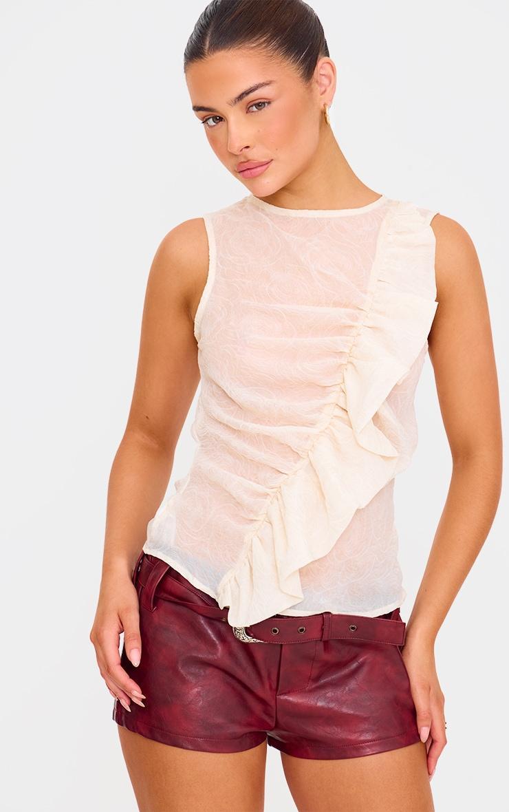 Nude Textured Fitted Chiffon Ruffle Detail Long Top Product Image