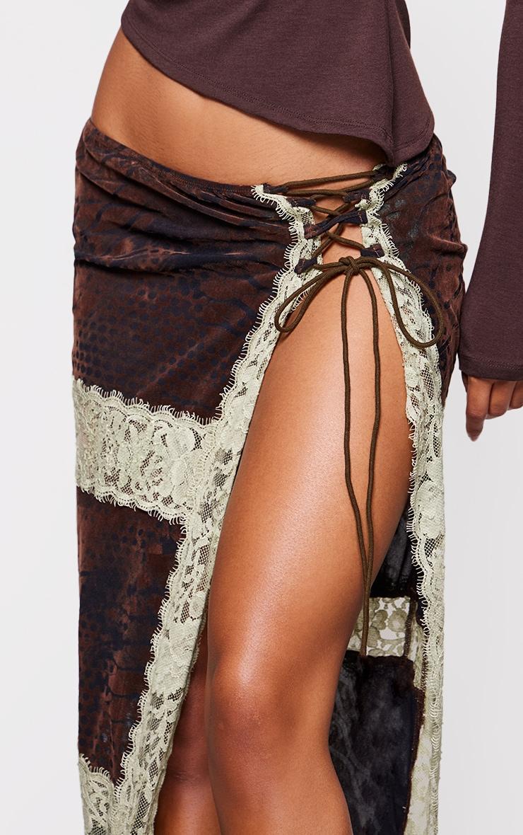 Chocolate Devore Lace Trim Tie Front Detail Maxi Skirt Product Image