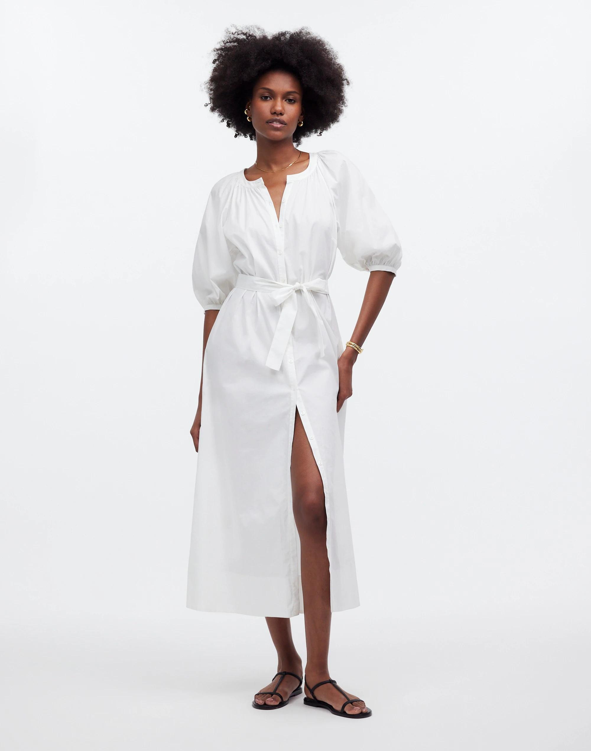 Tie-Waist Button-Front Midi Dress in Poplin Product Image