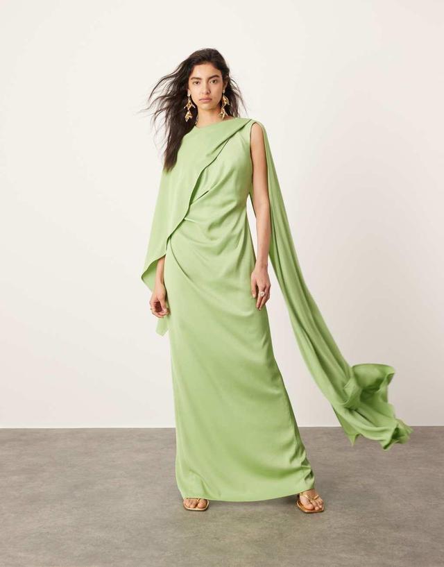 ASOS EDITION satin drape detail maxi dress with ruched waist in sage Product Image