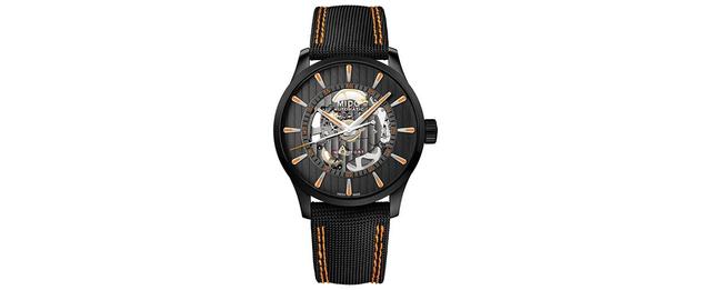 Mido Mens Swiss Automatic Multifort Skeleton Vertigo Black and Orange Fabric Strap Watch 42mm - Black Product Image