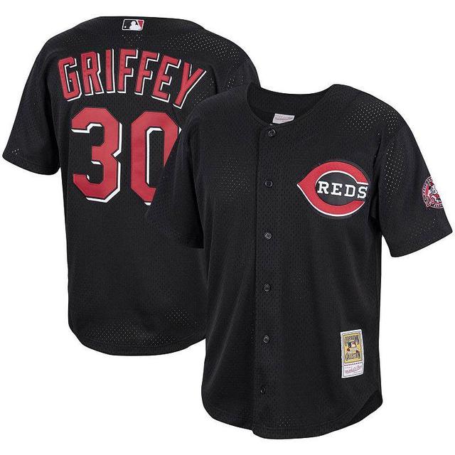 Mens Mitchell & Ness Ken Griffey Jr. Black Cincinnati Reds Cooperstown Collection Mesh Batting Practice Button-Up Jersey Product Image