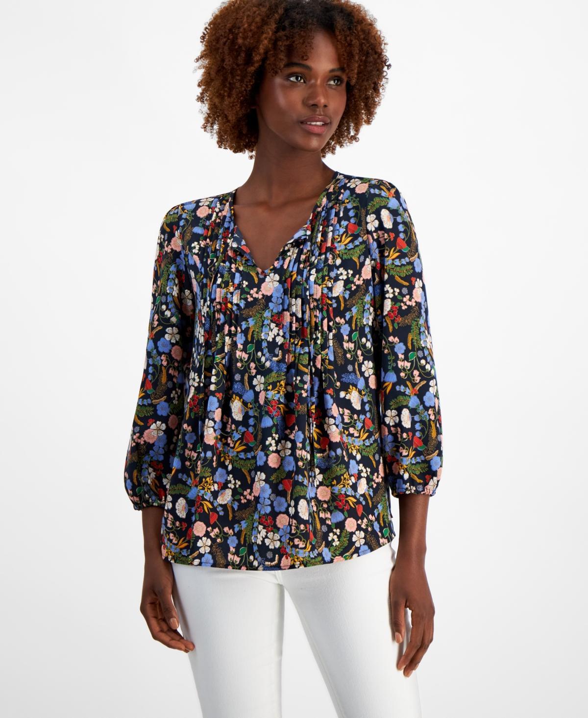 Tommy Hilfiger Womens Floral-Print Pintucked Peasant Blouse Product Image