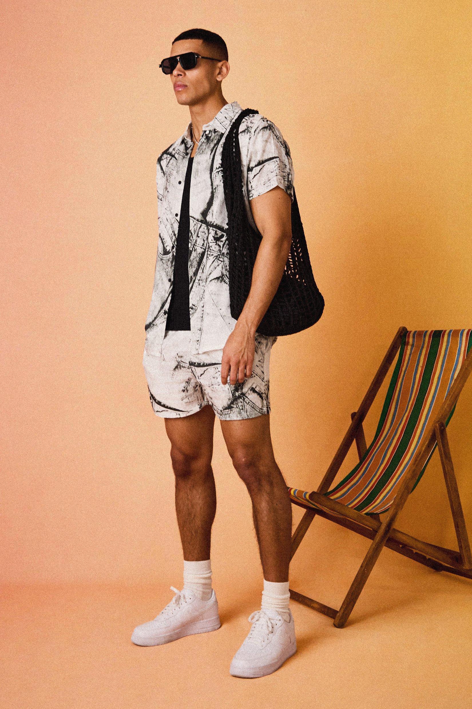 Oversized Viscose Abstract Cargo Shirt And Short | boohooMAN USA Product Image