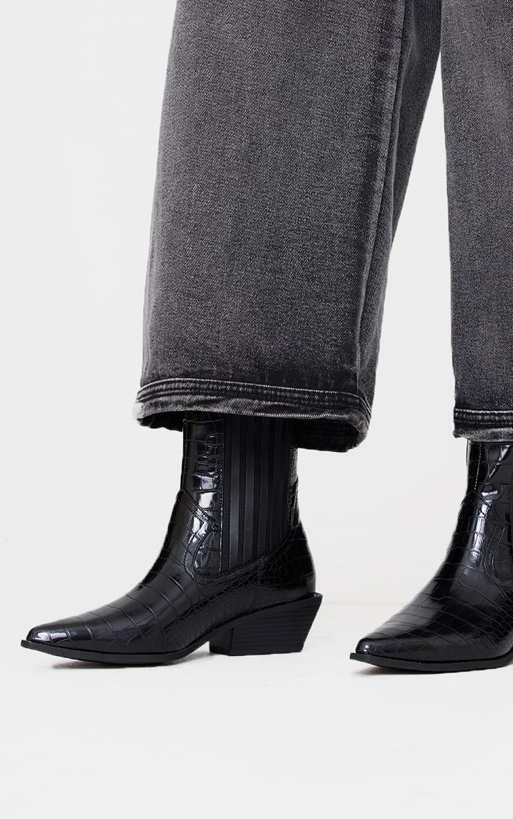 Black Croc PU Point Toe Low Block Heel Western Ankle Boots Product Image