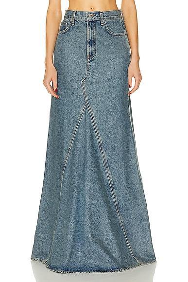 GRLFRND Fiona Godet Maxi Skirt in Blue. Product Image