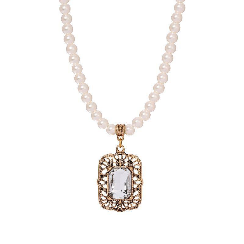 1928 Gold Tone Bead and Simulated Crystal Pendant Necklace, Womens, White Product Image