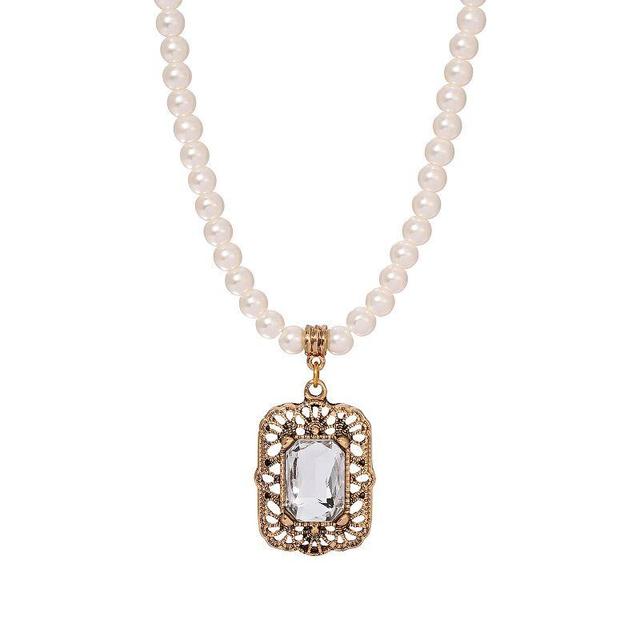 1928 Gold Tone Bead and Simulated Crystal Pendant Necklace, Womens, White Product Image