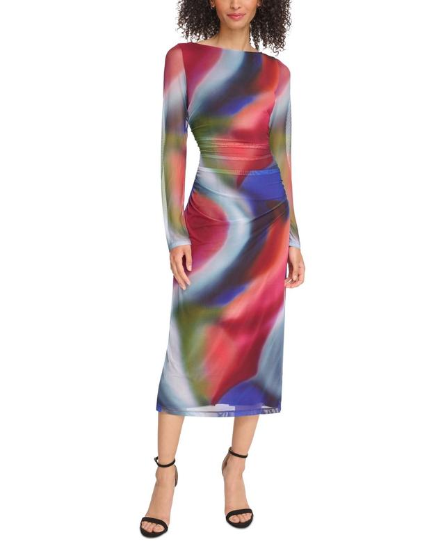 Vince Camuto Watercolor Swirl Print Long Sleeve Boat Neck Mesh Midi Bodycon Dress Product Image