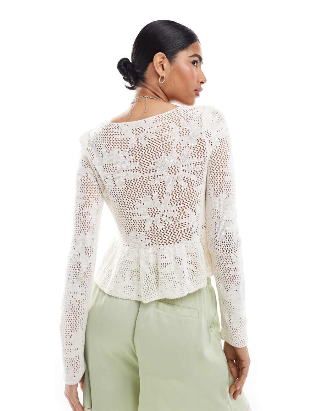 Miss Selfridge knit tie front peplum top in cream Product Image