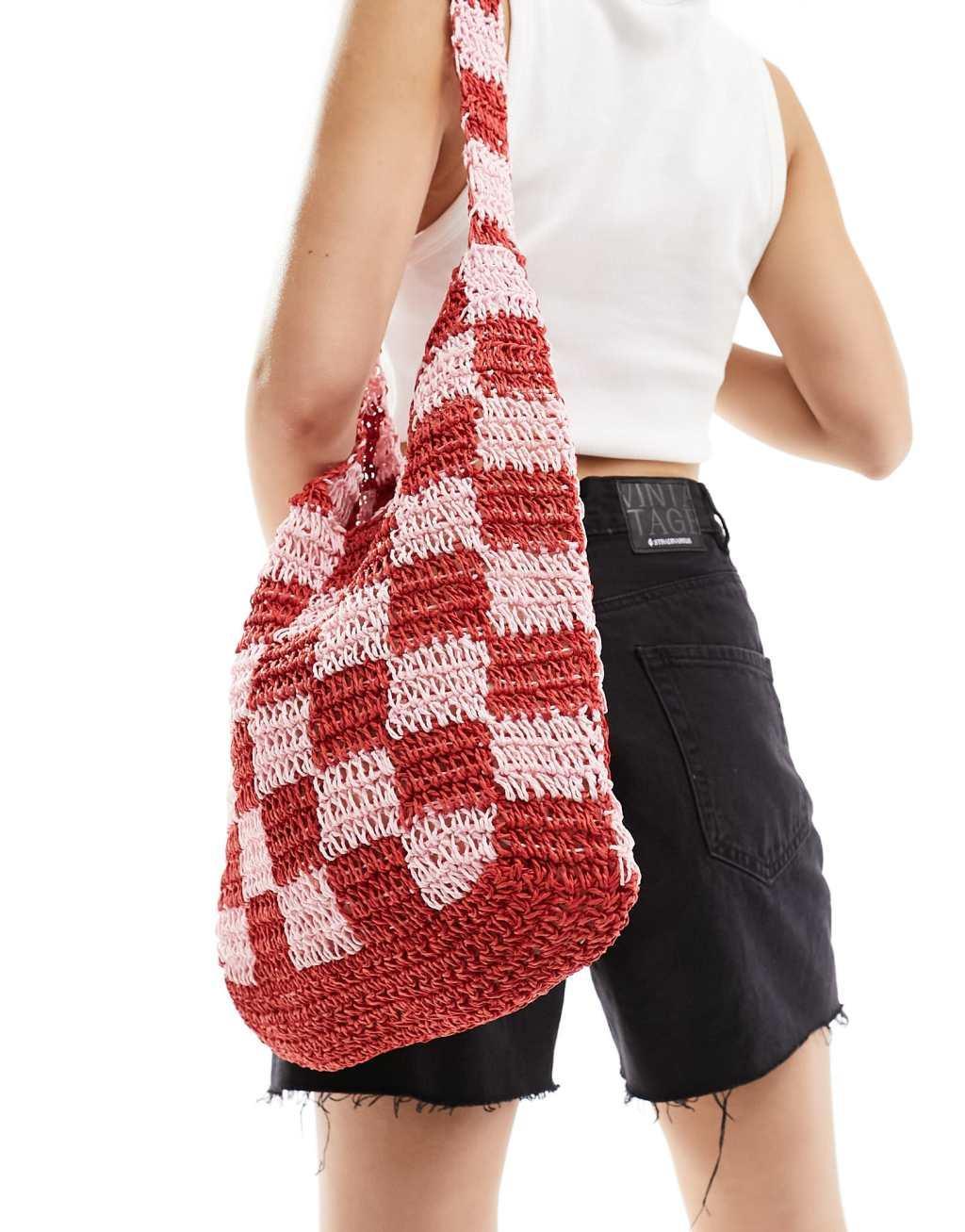 South Beach checkerboard crochet tote bag in red and pink  Product Image