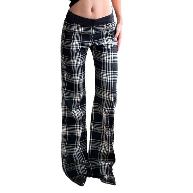 Low Waist Plaid Straight-Fit Wide-Leg Pants Product Image