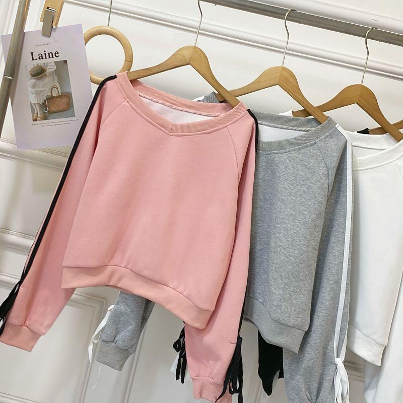 Long-Sleeve V-Neck Striped Trim Bow Sweatshirt Product Image