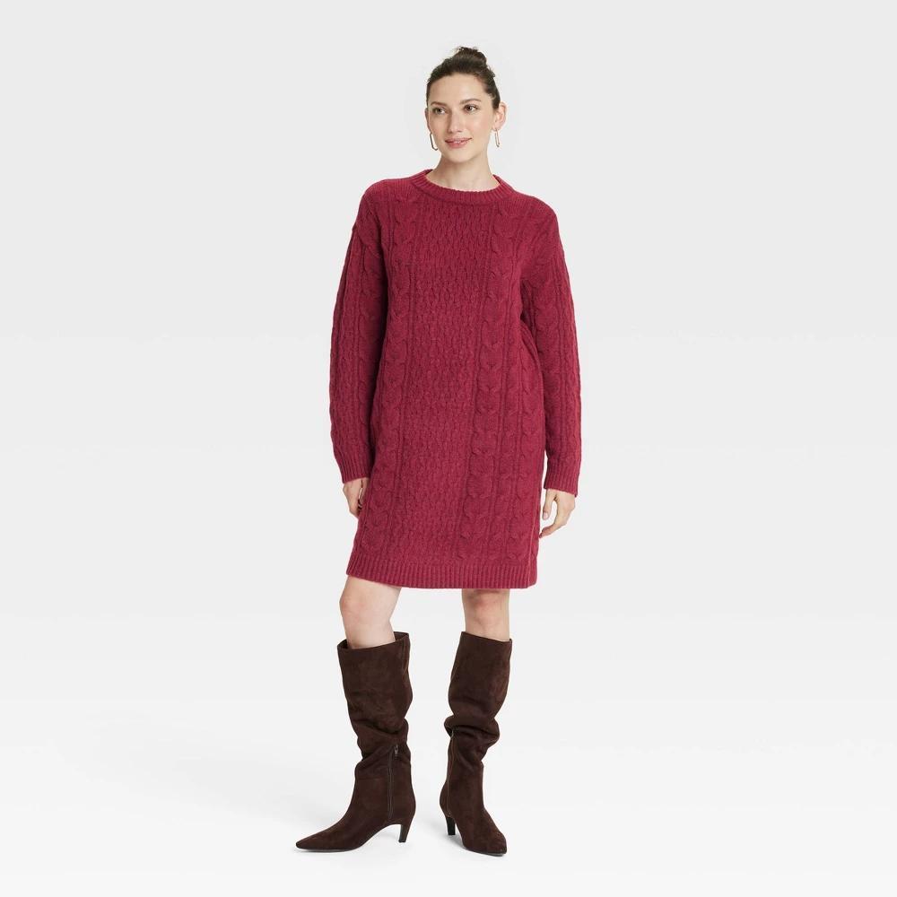 Womens Long Sleeve Cable Knit Mini Sweater Dress - Universal Thread Maroon Product Image