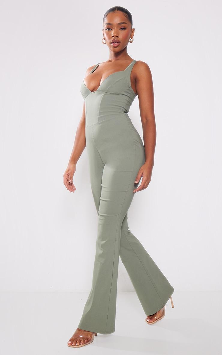 Khaki Stretch Woven Plunge Strappy Jumpsuit Product Image