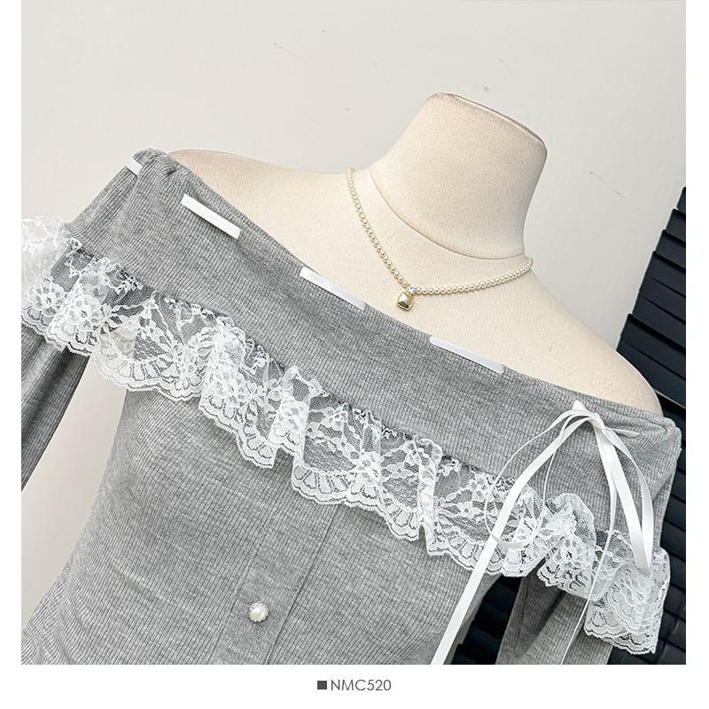 Lace-Panel Off-Shoulder Crop T-Shirt Product Image