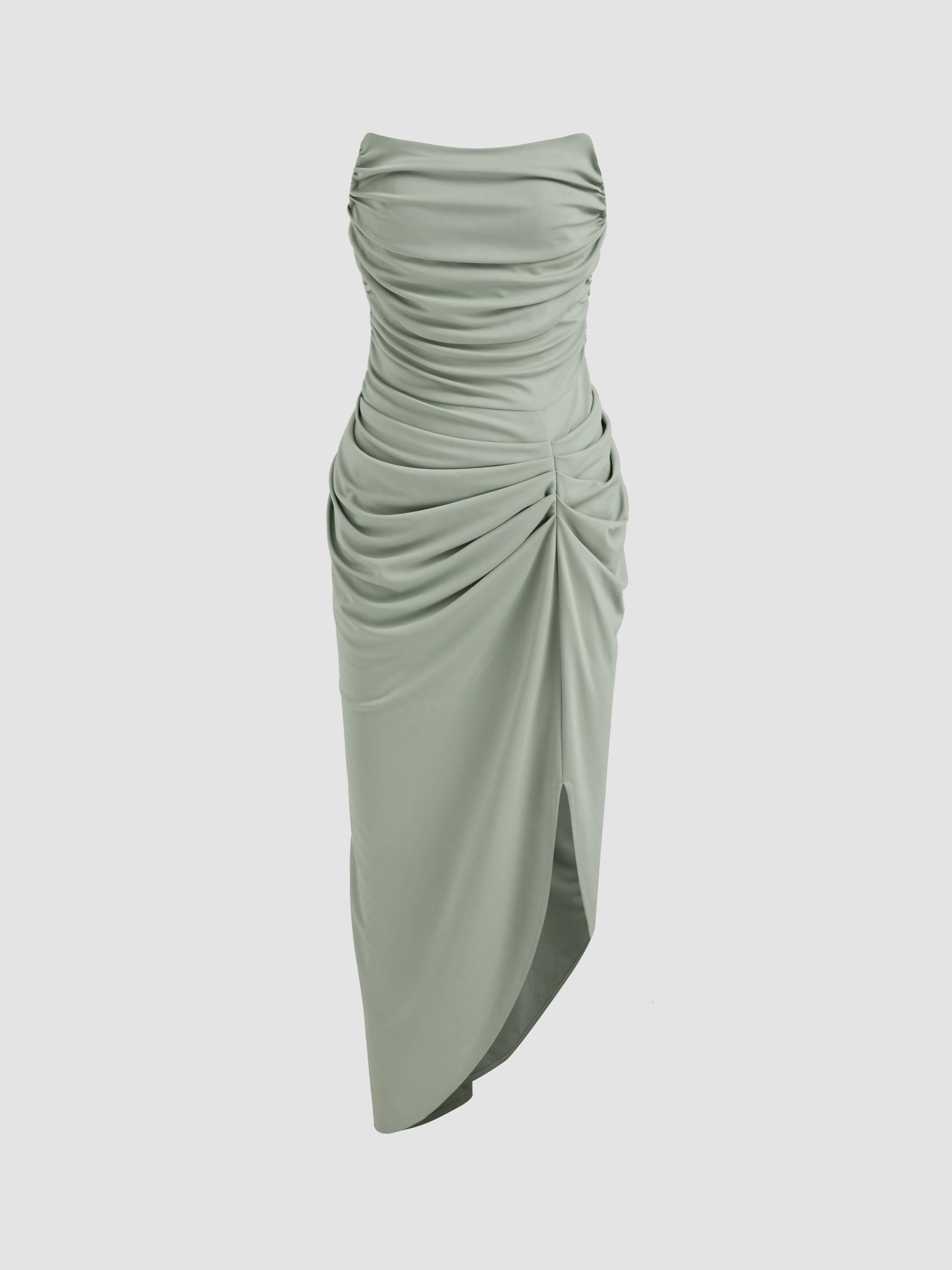 Solid Ruched Asymmetrical Tube Midi Dress Product Image