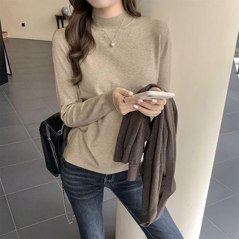 Long-Sleeve Mock Neck Plain Knit Top Product Image