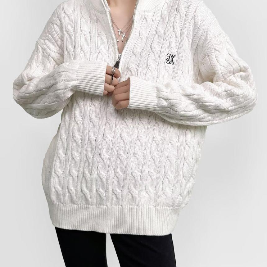 Mock Neck Half Zip Cable Knit Plain Sweater Product Image