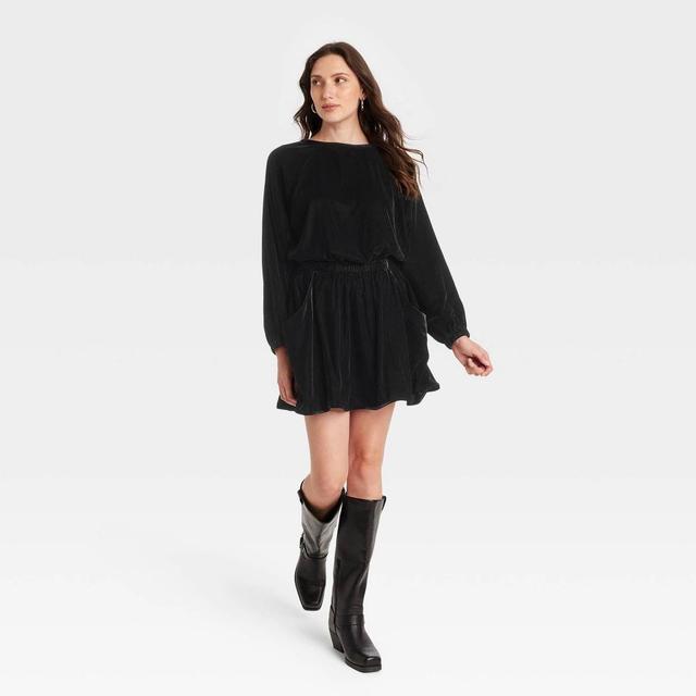 Womens Long Sleeve Velvet Mini A-Line Dress - Universal Thread Black Product Image