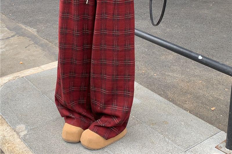 Drawstring Waist Plaid Wide Leg Pants Product Image