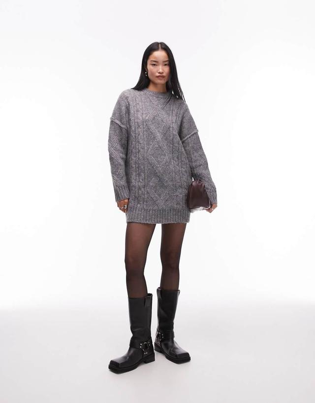 Topshop knitted diamond cable oversized mini dress in gray Product Image