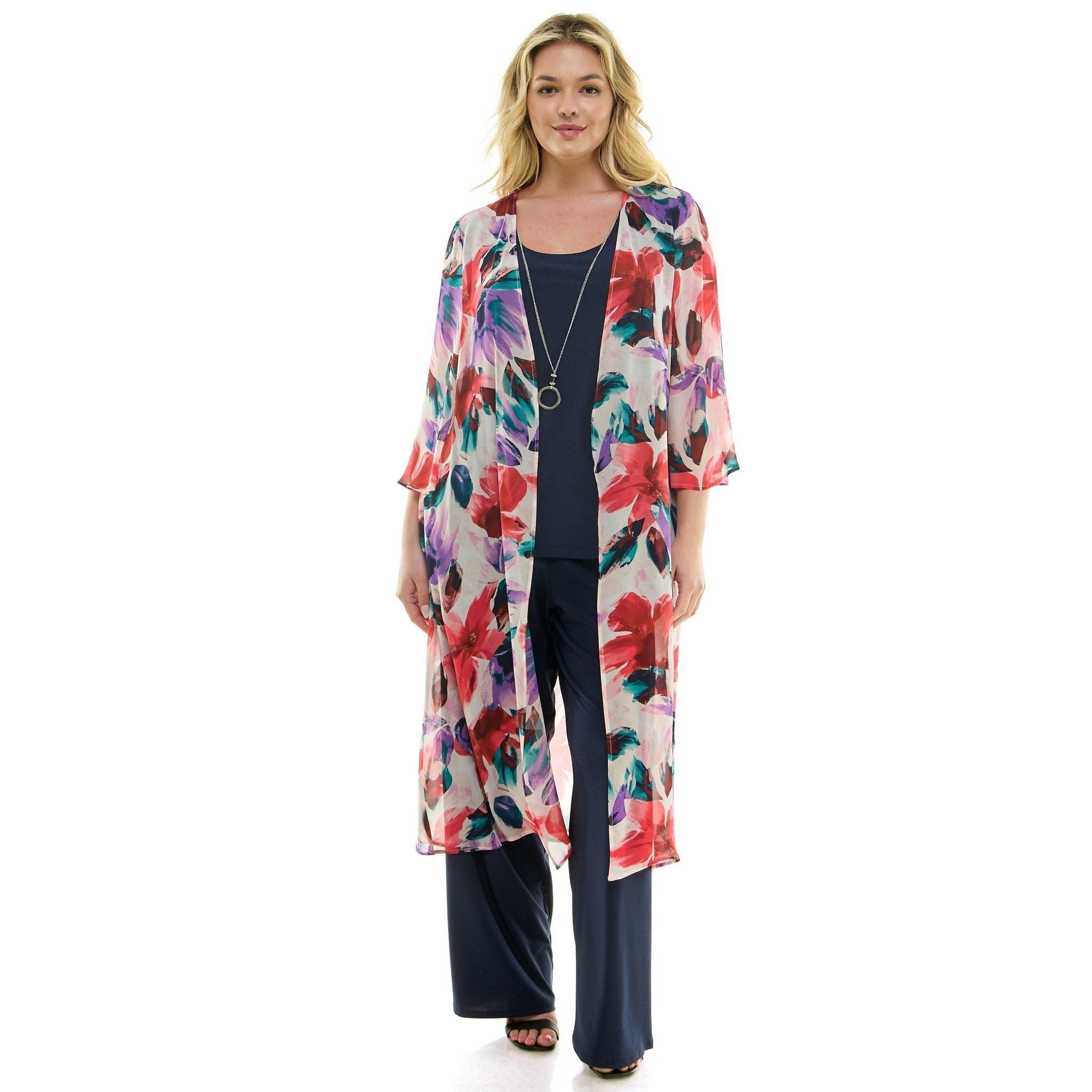 Sara Michelle Floral 3/4 2Fer Duster W/ Necklace And Elastic Pull On Pant - Plus Product Image