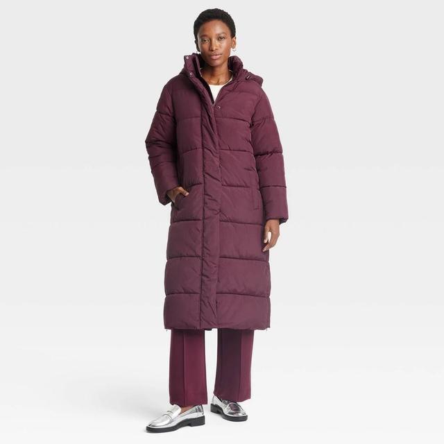 Womens Hooded Duvet Puffer Jacket - A New Day Burgundy L Product Image