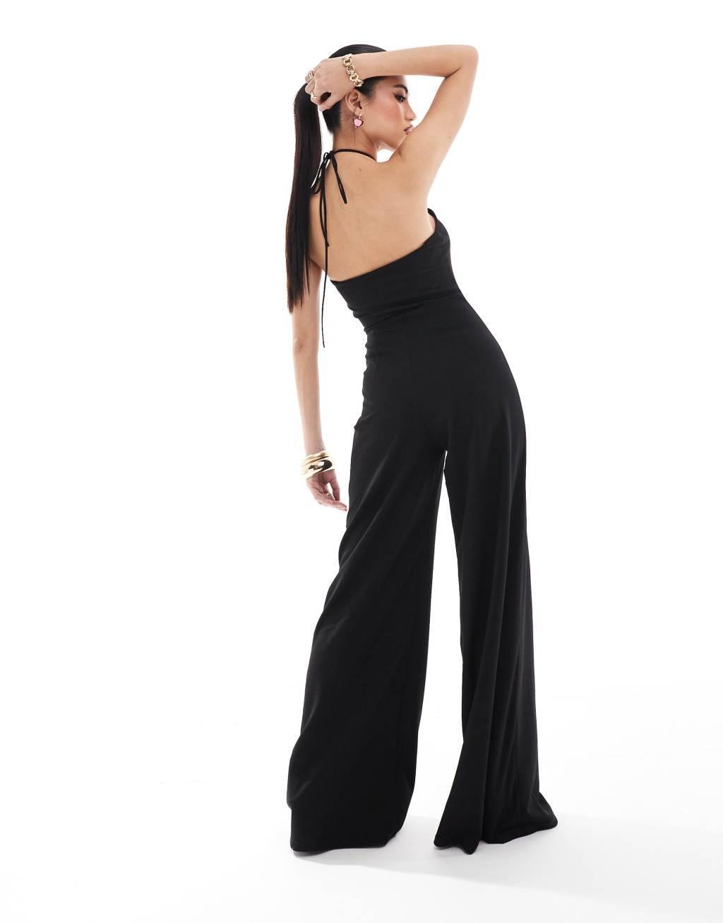 ASOS DESIGN cut-out halter wide leg jumpsuit in black Product Image