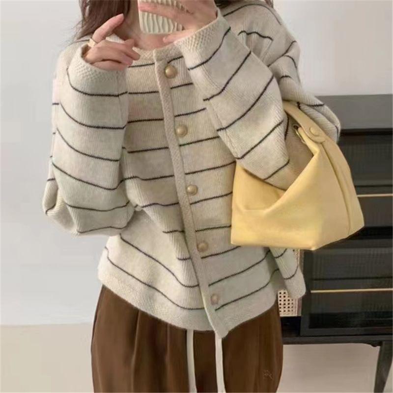 Round Neck Striped Cardigan Product Image