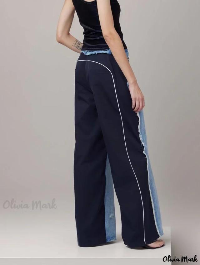 Olivia Mark – Personalized Sporty Patchwork Washed Denim Wide Leg Pants – Full-Length Product Image