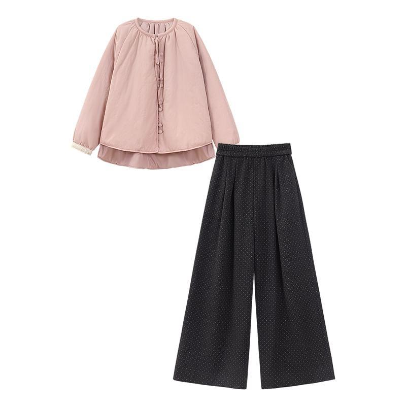 Plain Bow Single-Breasted Jacket / Mid Rise Dotted Wide Leg Pants Product Image