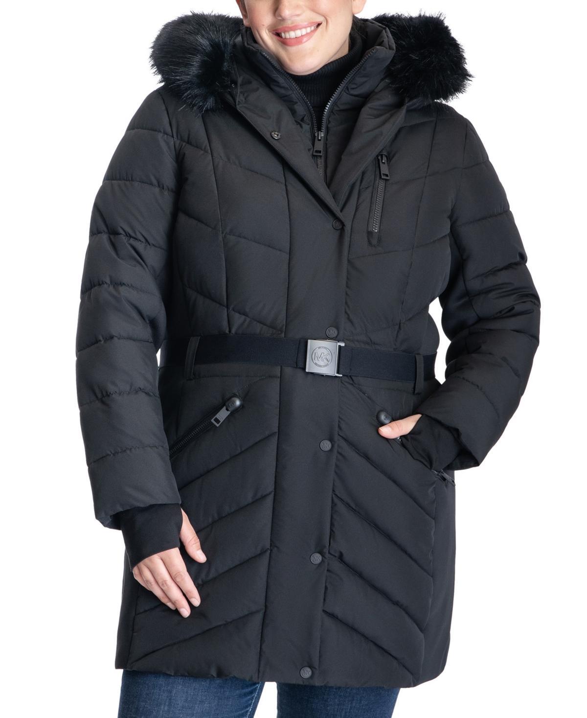 Michael Michael Kors Womens Plus Size Belted Faux-Fur-Trim Hooded Puffer Coat Product Image