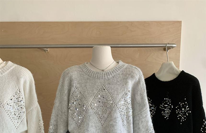 Crew Neck Rhinestone Sweater Product Image