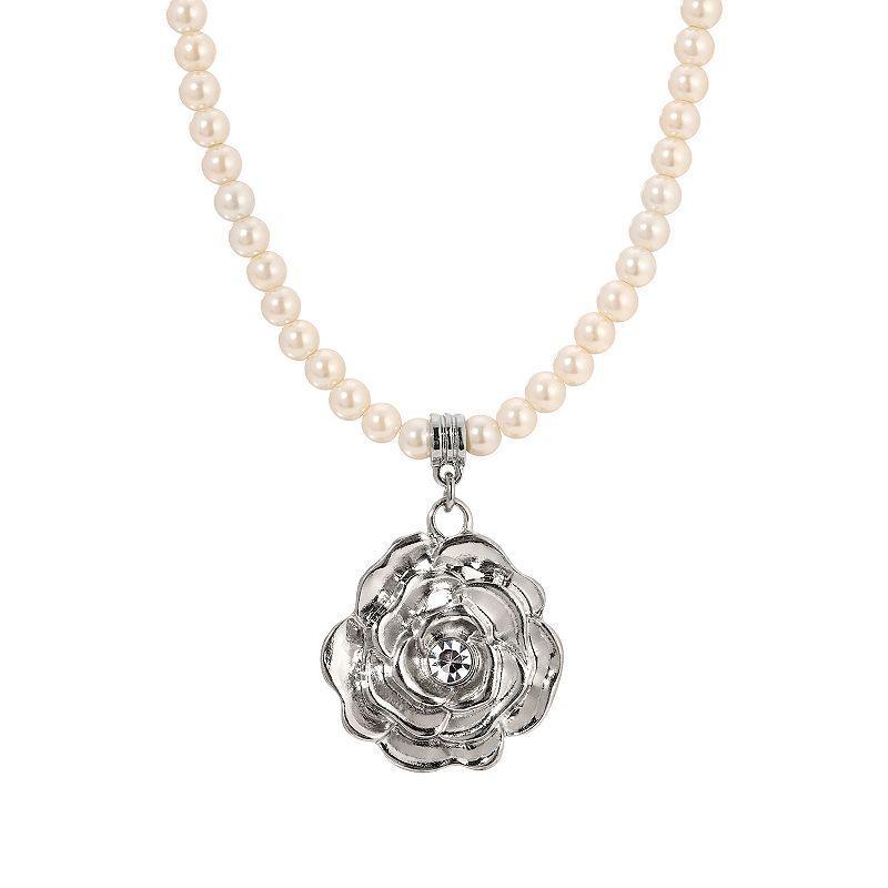 1928 Silver Tone Simulated Pearl Flower Necklace, Womens, White Product Image