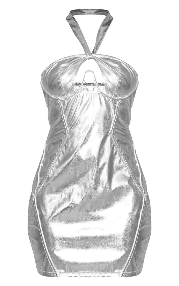 Silver Metallic PU Underwire Halter Strap Shift Dress Product Image