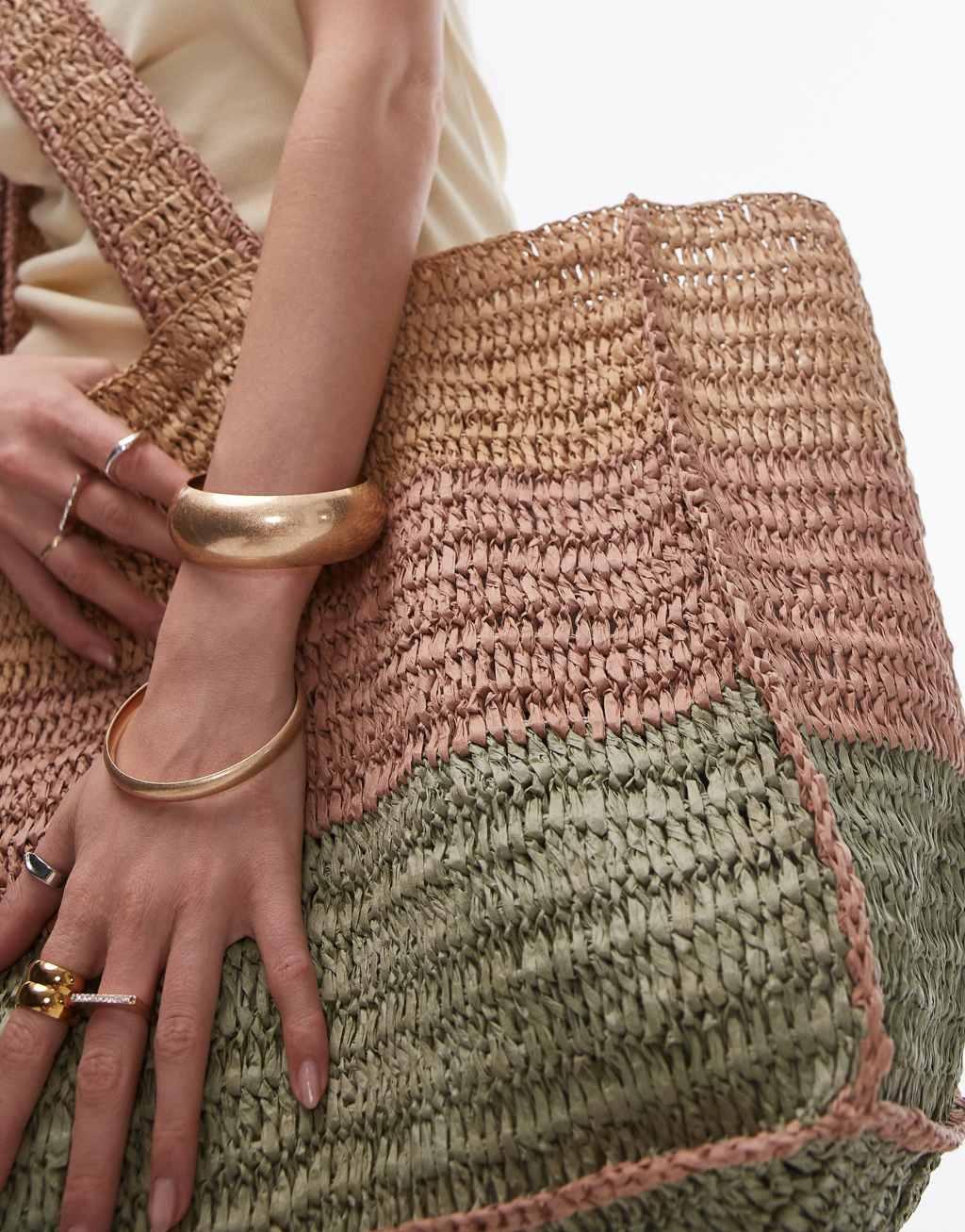 Topshop Tatum straw tote bag in khaki stripe Product Image