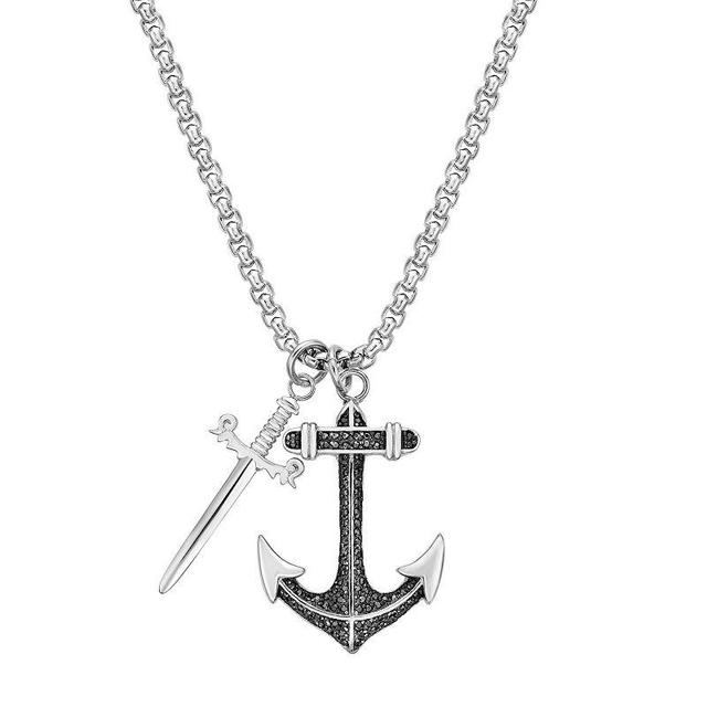 LYNX Mens Stainless Steel Black Cubic Zirconia Anchor & Sword Pendant Necklace Multicolor Product Image