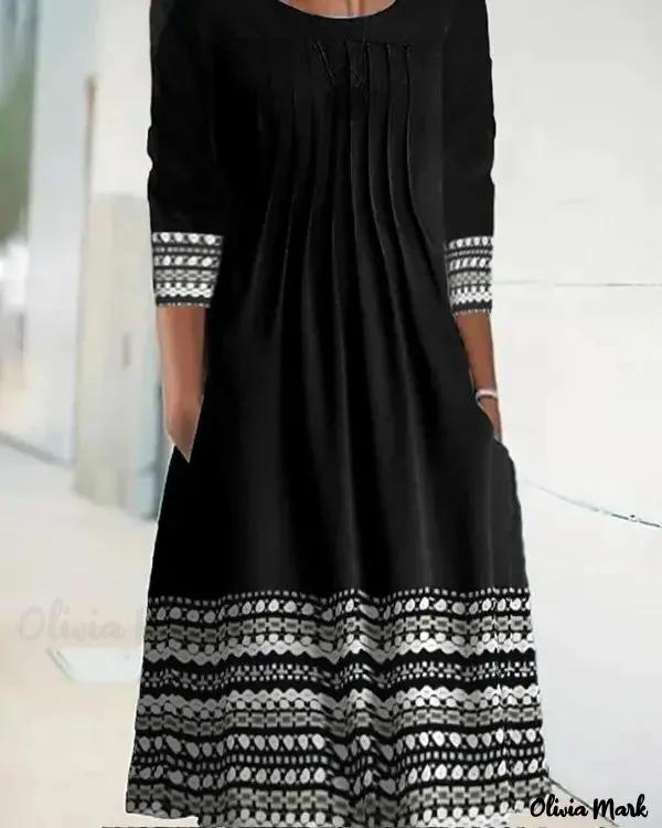 Olivia Mark – Geometric Print Long Sleeve Casual Dress Product Image