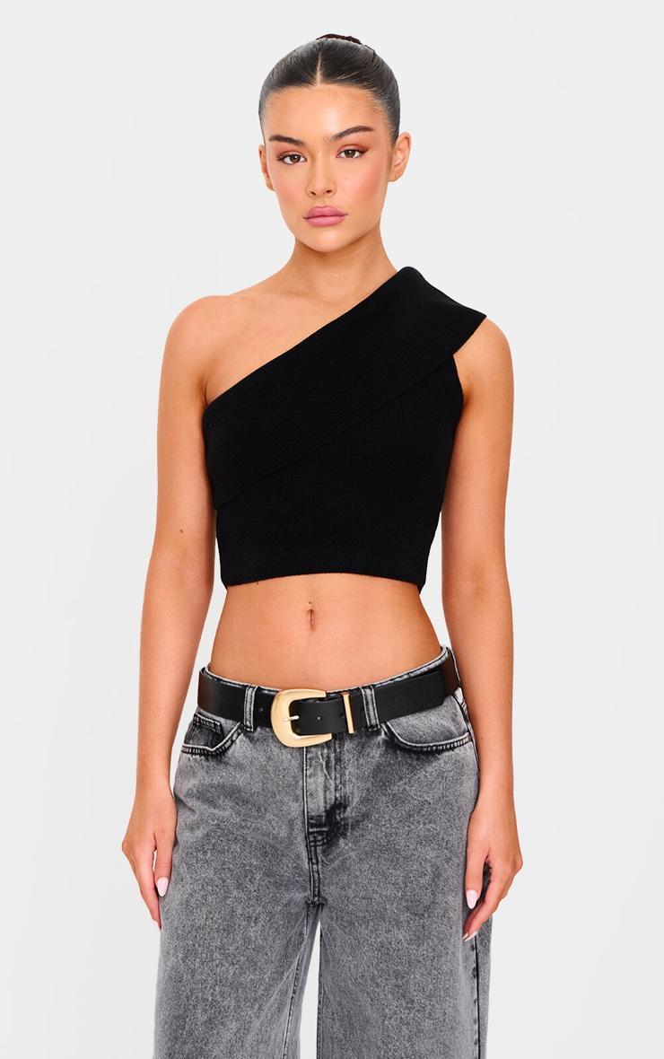 Black Soft Rib Knit One Shoulder Fold Over Crop Top product image