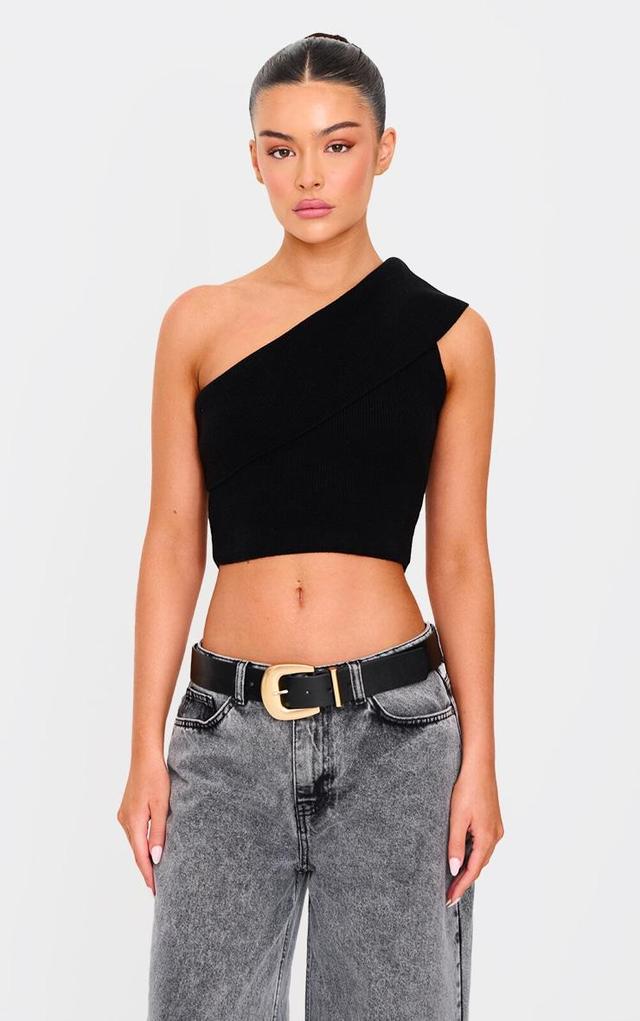 Black Soft Rib Knit One Shoulder Fold Over Crop Top Product Image