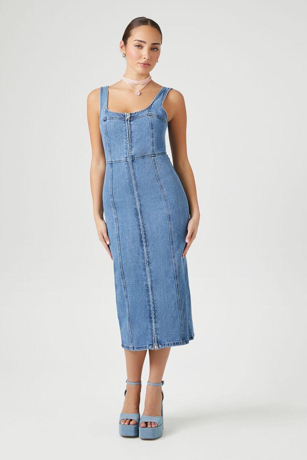 Zip-Up Denim Bodycon Midi Dress | Forever 21 Product Image