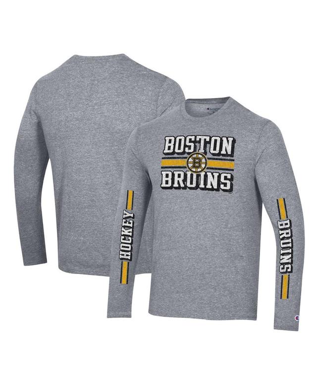 Mens Champion Heather Gray Distressed Boston Bruins Tri-Blend Dual-Stripe Long Sleeve T-shirt Product Image