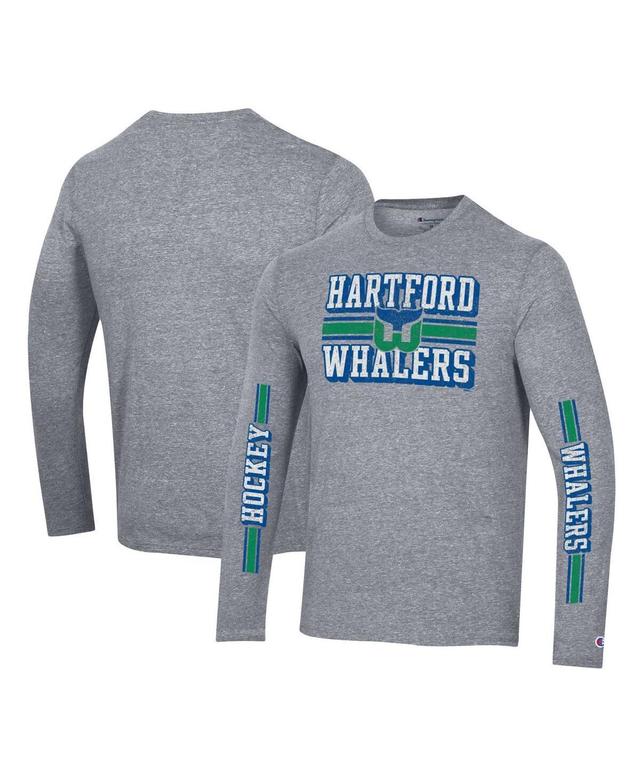 Mens Champion Heather Gray Distressed Hartford Whalers Tri-Blend Dual-Stripe Long Sleeve T-shirt Product Image